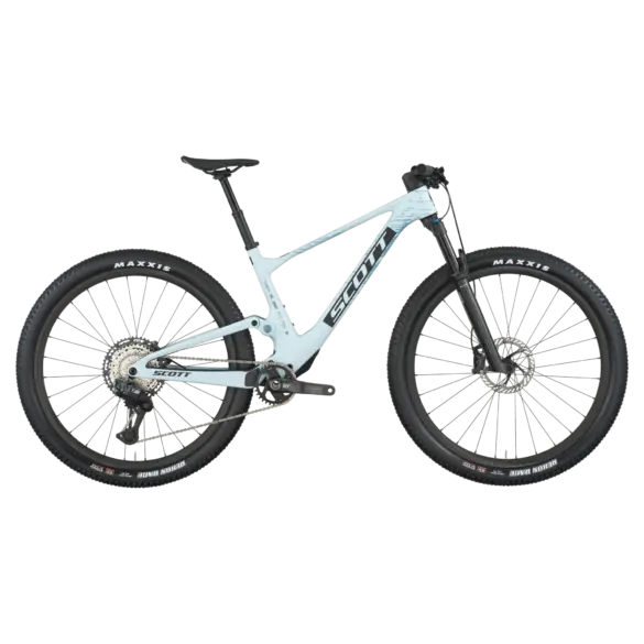 Scott Spark RC Pro Mountainbike in Azure White mit schwarzen Akzenten, detailliert gezeigt von der Seite.