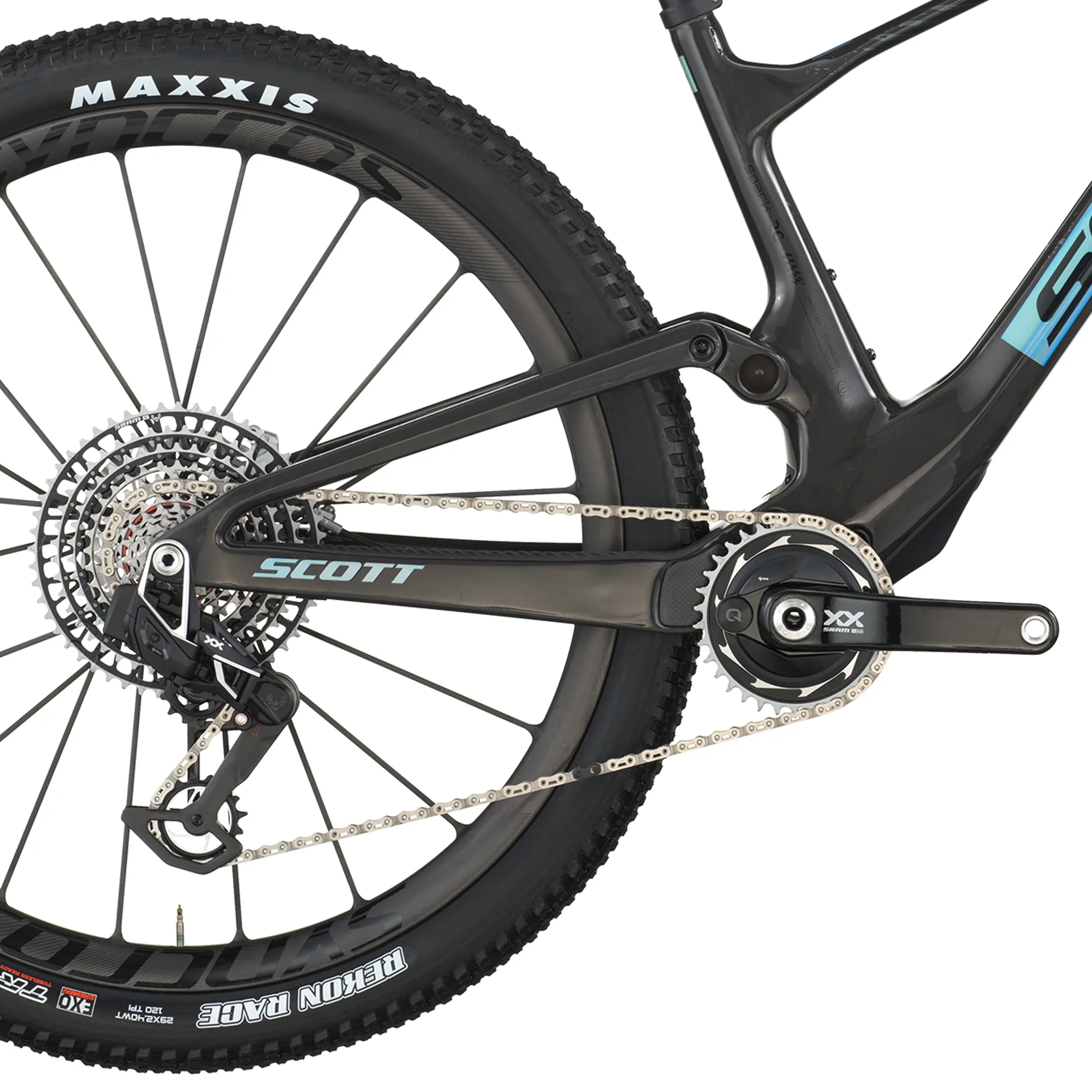 Scott Spark RC SL Mountainbike: Detailaufnahme des Hinterrads mit Maxxis Reifen, SRAM XX SL Eagle AXS Schaltung und Carbonrahmen.