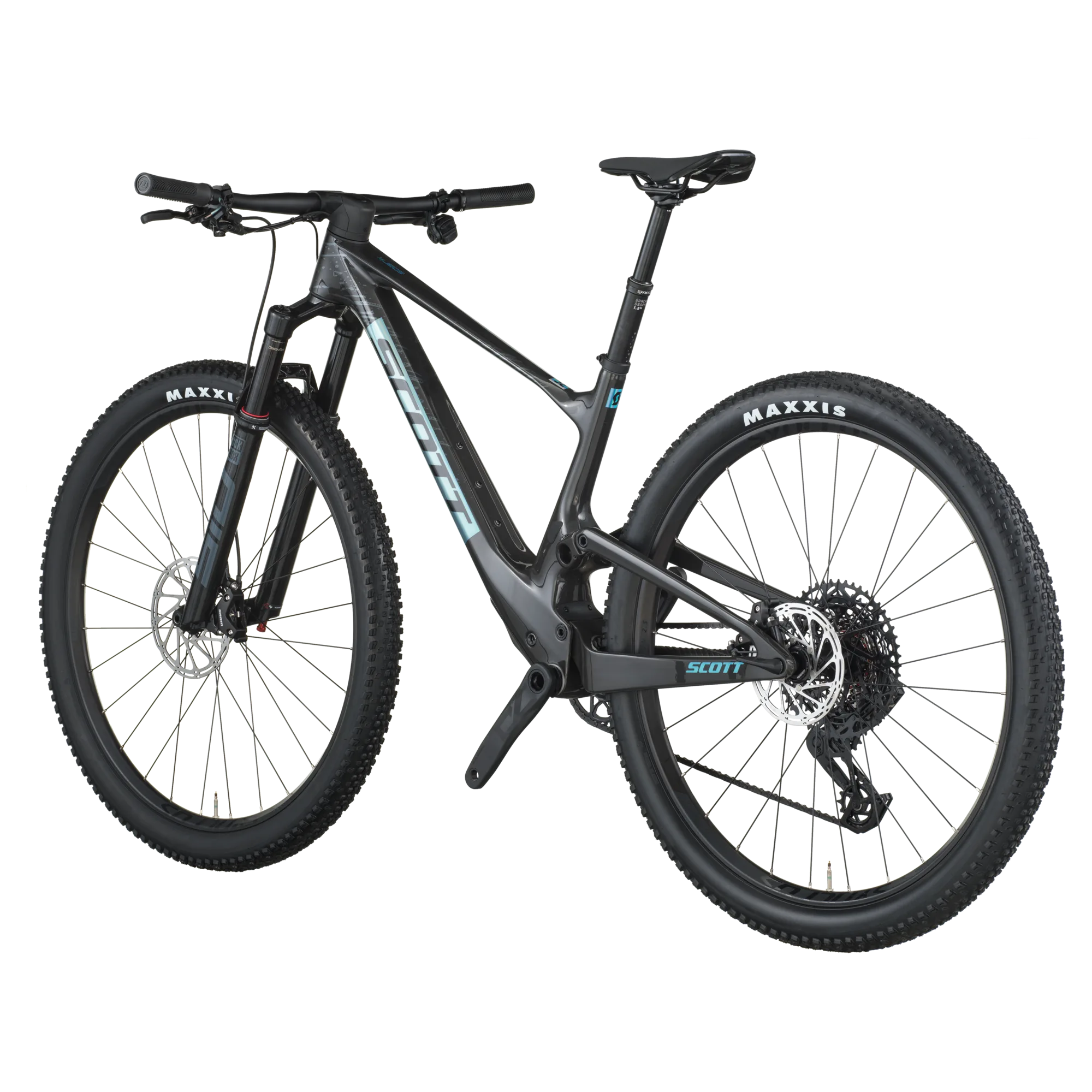 Seitenansicht eines Scott Spark RC Team Mountainbikes in Carbon Black mit blauen Akzenten.