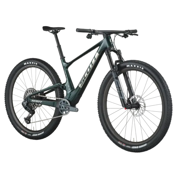 Scott Spark RC Team Issue Mountainbike in dunkelgrüner Lackierung, Frontansicht.