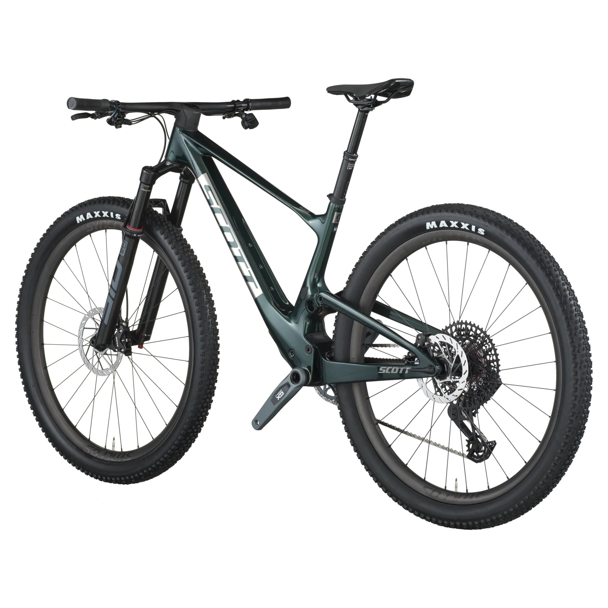 Ein dunkelgrünes SCOTT Spark RC Team Issue Mountainbike mit 120 mm Federweg, SRAM GX Eagle AXS Transmission Schaltung und RockShox Federgabel, frontal von links gezeigt.