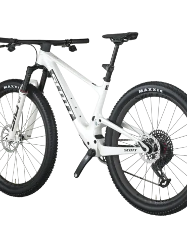 Scott Spark RC World Cup EVO Cross-Country-Mountainbike in Weiß mit schwarzen Akzenten, von der Seite betrachtet.