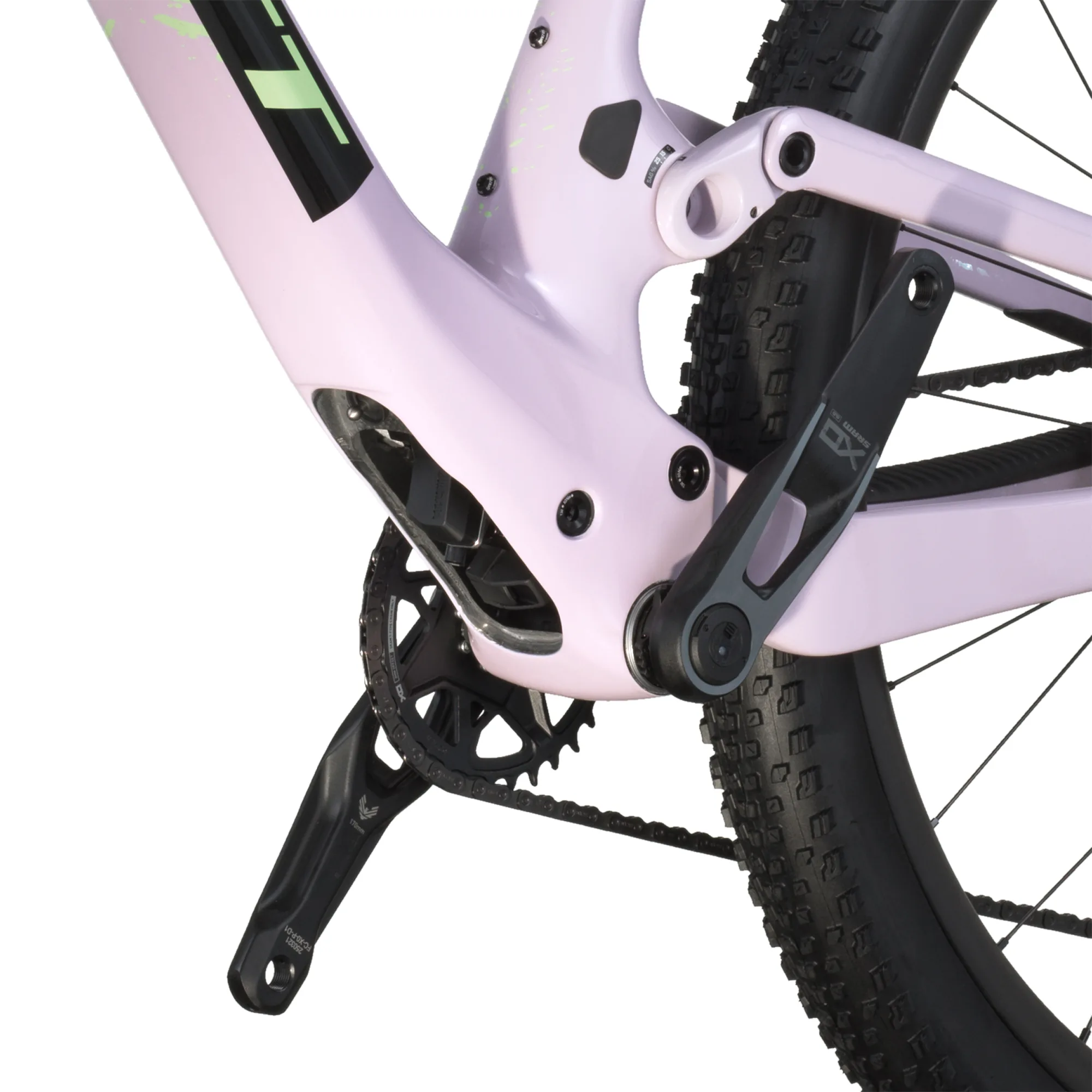 Detailaufnahme des SCOTT Spark RC World Cup Mountainbikes, Fokus auf die Kurbelgarnitur, das Schaltwerk und den Hinterbau.