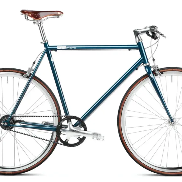 Seitenansicht eines petrolfarbenen Urban Bikes mit braunem Brooks-Ledersattel, Riemenantrieb und weißen Felgen.