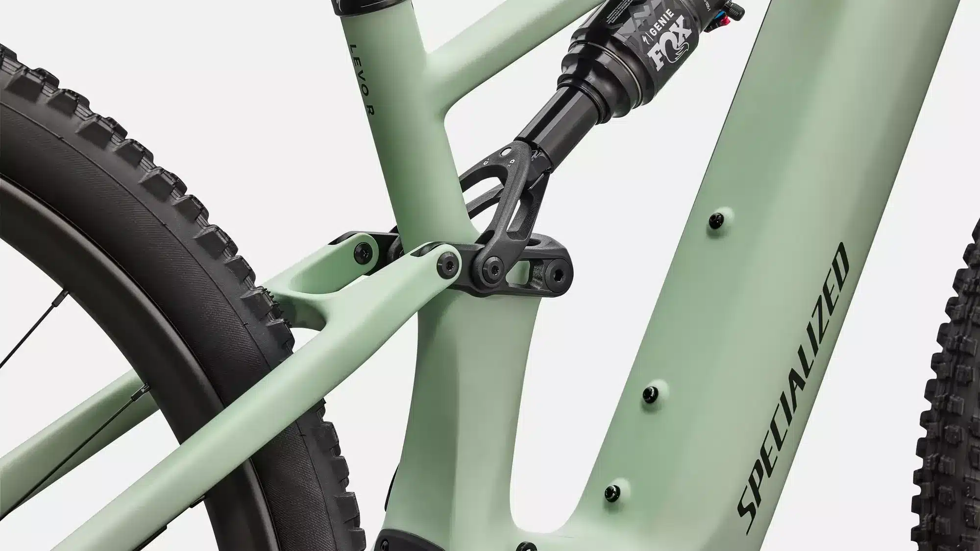 Detailaufnahme des Hinterbaus eines Specialized Turbo Levo R Expert E-Mountainbikes mit FOX Dämpfer.