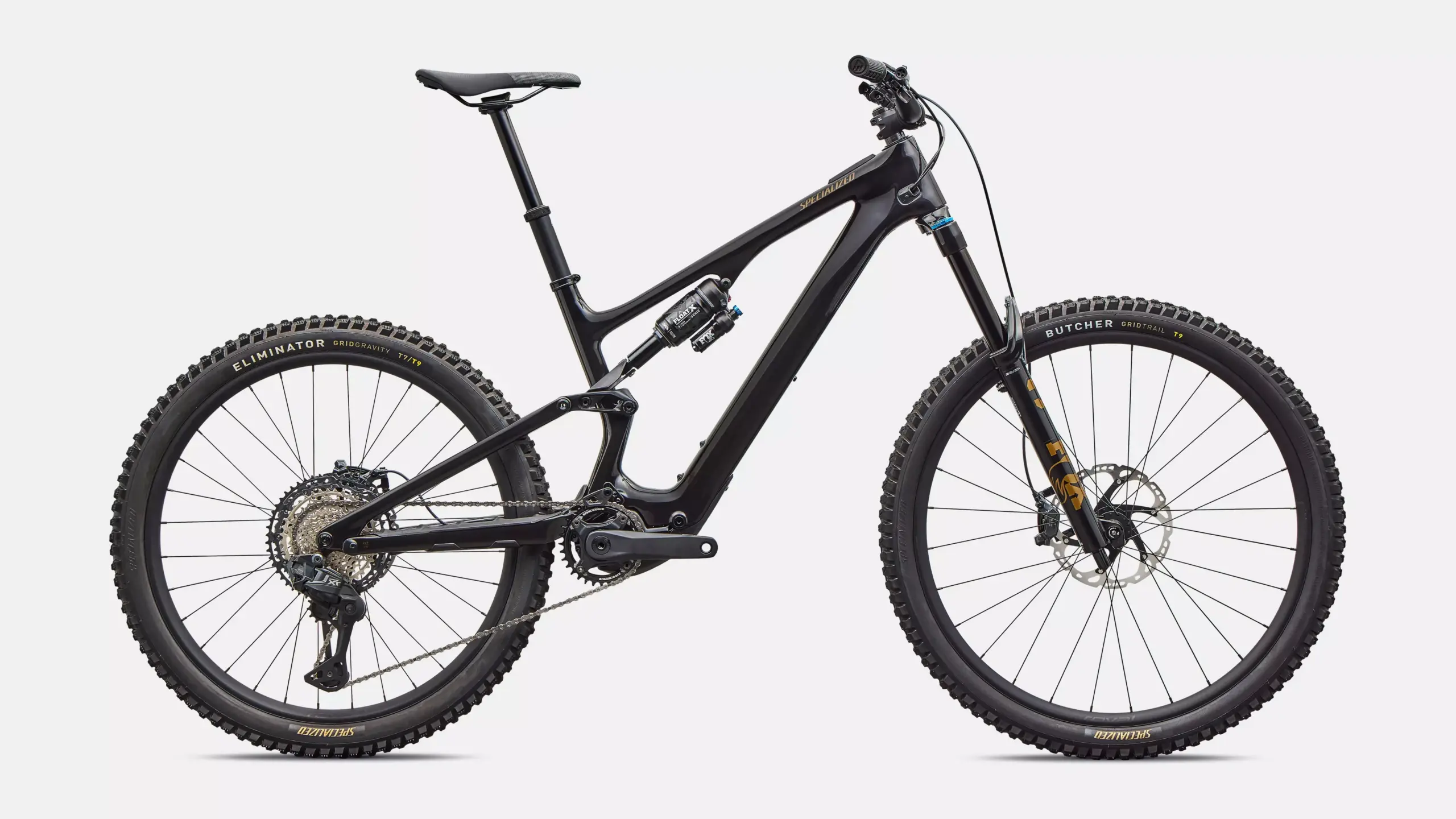 Schwarz glänzendes Specialized Turbo Levo SL 2 Expert Di2 E-Mountainbike von der Seite betrachtet.