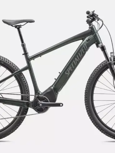 Dunkelgrünes Specialized Turbo Tero 4.0 E-Bike mit 29-Zoll-Rädern, Federgabel und integriertem Akku, in Seitenansicht auf neutralem Hintergrund.