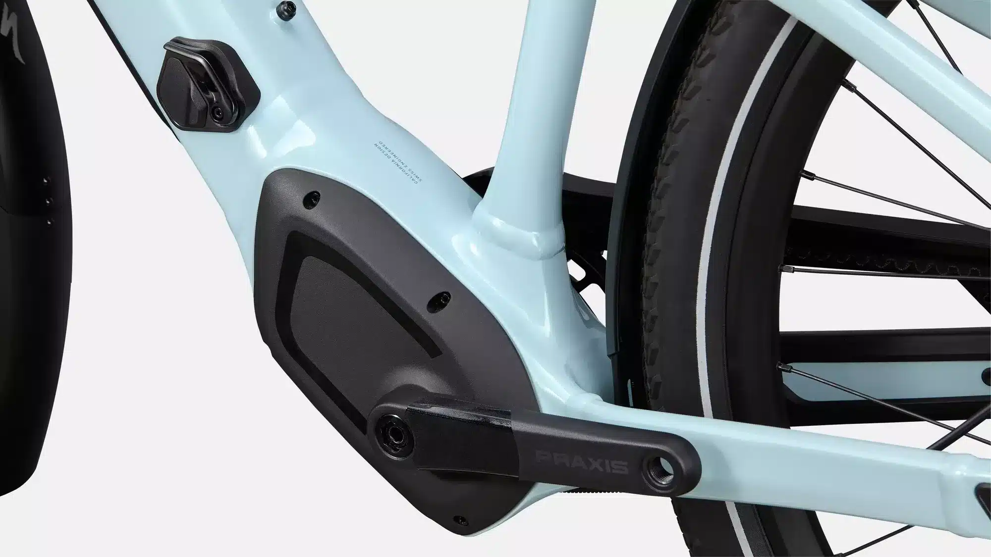 Detailaufnahme des Specialized Turbo Vado 5.0 IGH mit Fokus auf die Kurbel und den Rahmen.