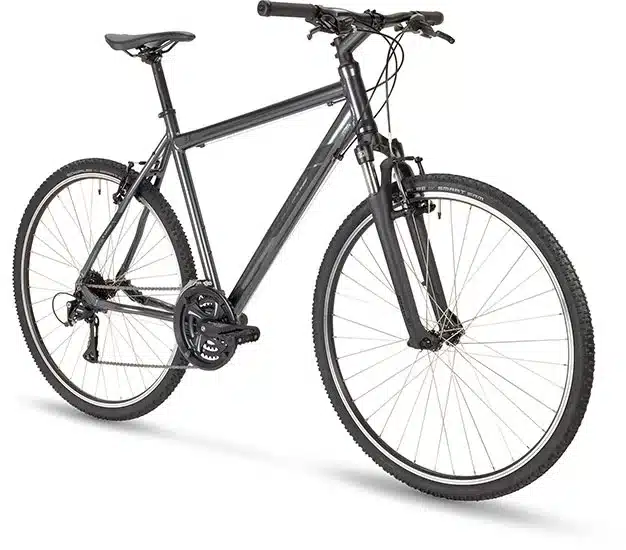 Stevens 3X HT Fahrrad von vorne links, mit Fokus auf Rahmen, Federgabel und Reifen.