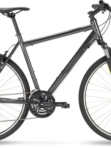 Graues Stevens 3X HT Fahrrad mit Federgabel und Schwalbe Smart Sam Reifen, von der Seite betrachtet.