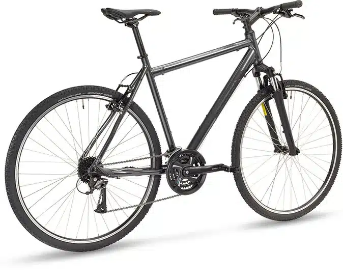 Ein dunkles Stevens 3X HT Fahrrad mit Aluminiumrahmen, Federgabel und Schwalbe Smart Sam Reifen.