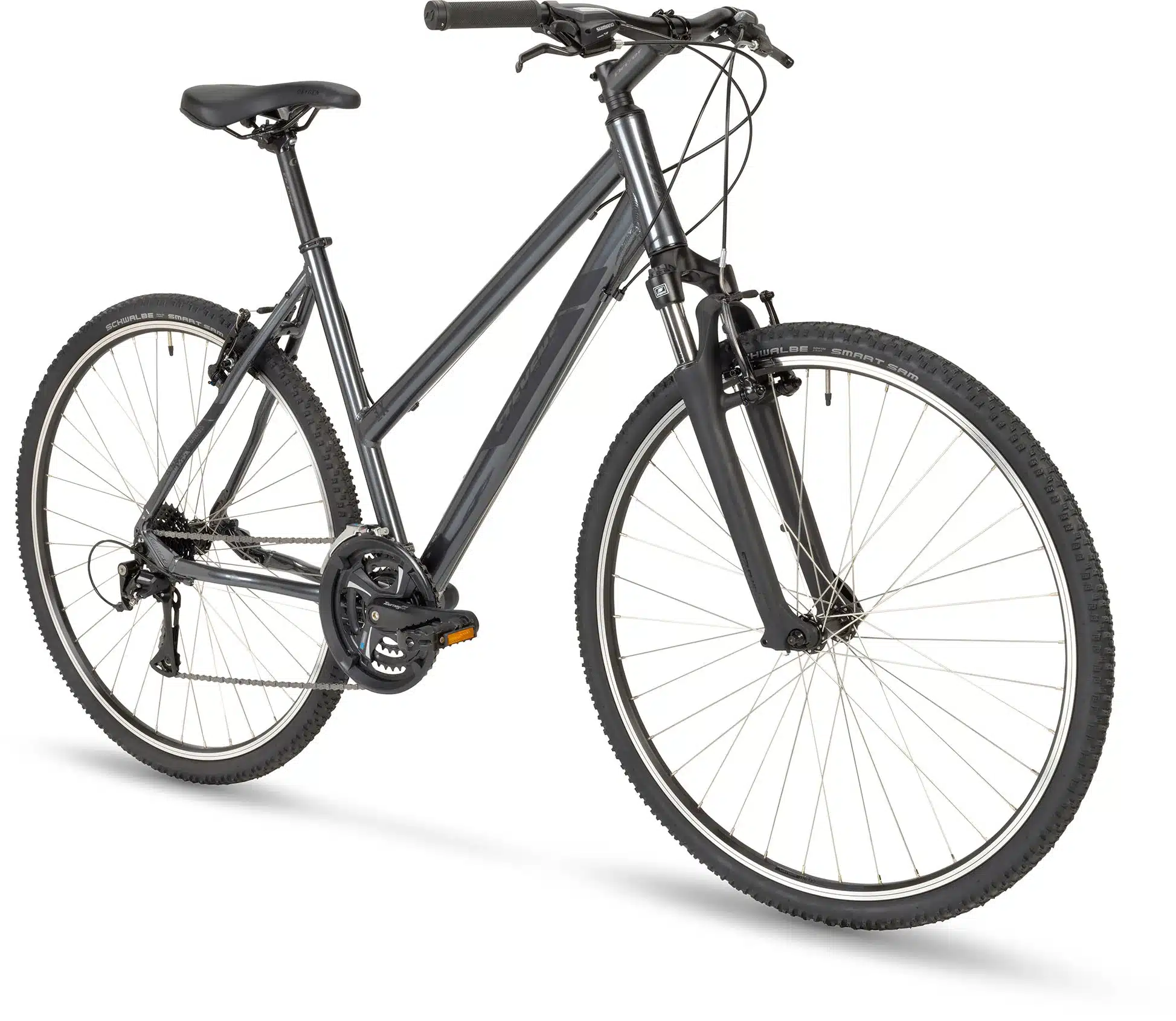 Graues Stevens 3X LT Fahrrad von vorne gesehen, mit Fokus auf den Lenker und die Federgabel.