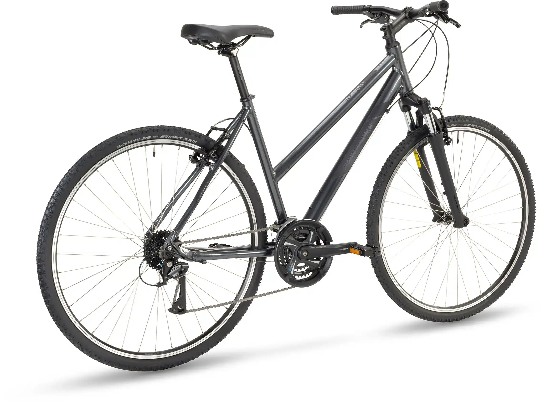 Seitenansicht des Stevens 3X LT Fahrrads in Phantom Grey, das als vielseitiger Allrounder für Straße und leichte Trails konzipiert ist.