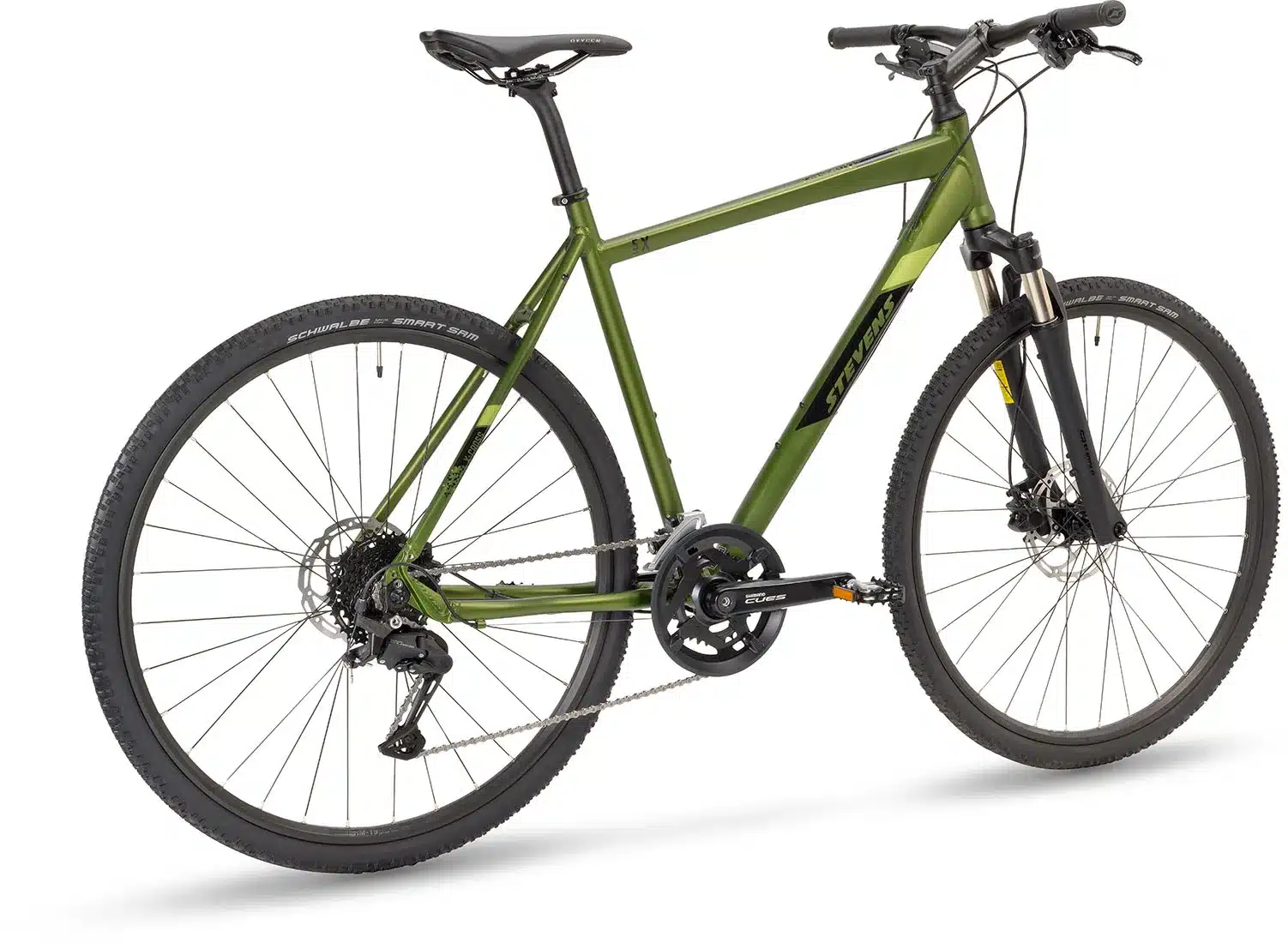 Grünes STEVENS 5X HT Fahrrad von der Seite mit Scheibenbremsen und Federgabel.