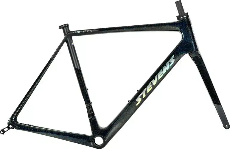 Stevens Aspin Rennrad Rahmenkit in dunkler Metallic-Lackierung mit Glitzerpartikeln, vorne ist die Gabel sichtbar.