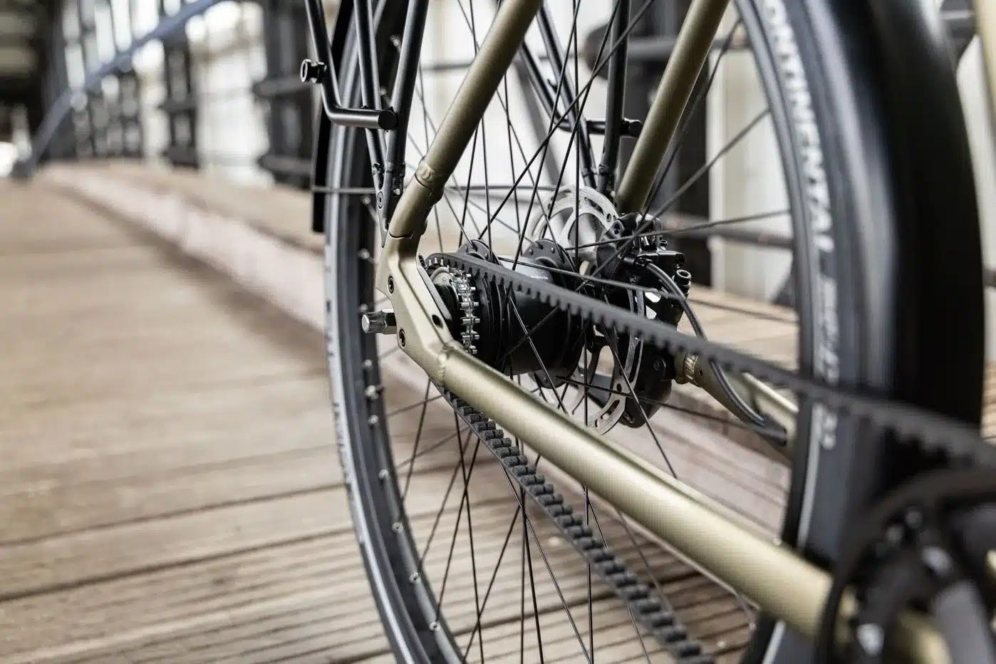 Detailaufnahme des Hinterrads eines Stevens Aviolo 5.2 HT Fahrrads mit Fokus auf den Gates CDN Center Track Carbon Drive Belt und die Shimano Nexus Nabenschaltung.