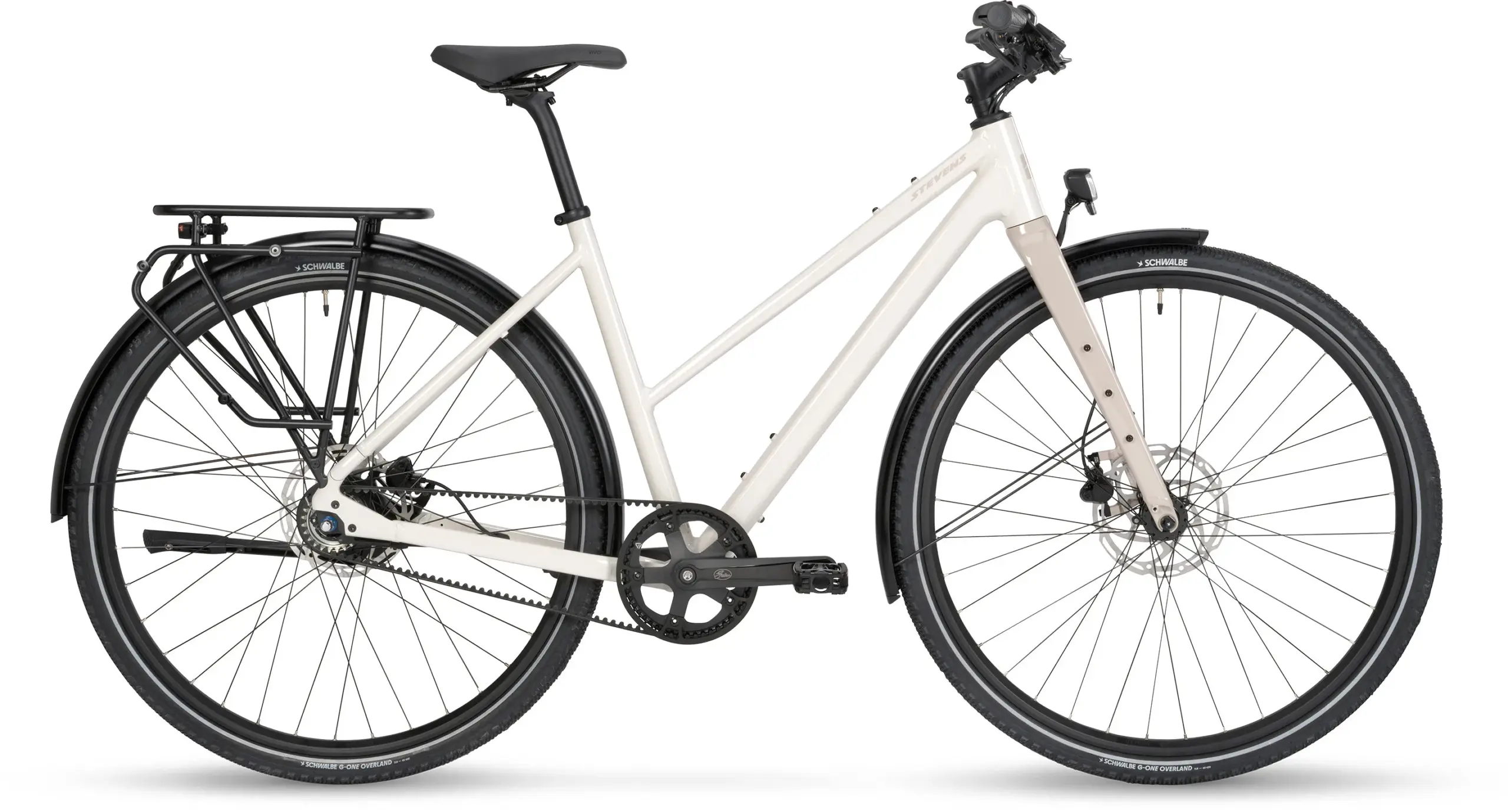Stevens Caleta 5.2 LT Fahrrad in der Farbe Pepper White, gezeigt von der Seite.