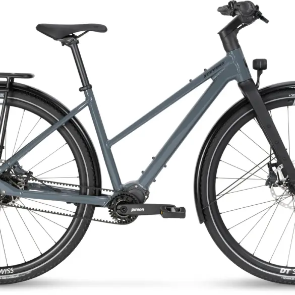 Graues Stevens Caleta 8.2 LT Fahrrad in einer Frontalansicht, ausgestattet mit Pinion C1.12 Getriebe, Gates Carbon Riemenantrieb, Schutzblechen, Gepäckträger und voller Lichtanlage.