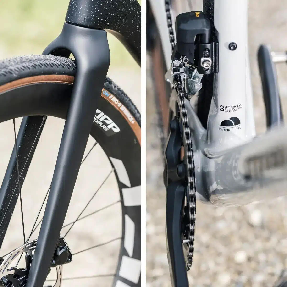 Detailbild eines Stevens Camino RS Pro Di2 Gravelbikes mit Fokus auf die Carbongabel, das Vorderrad mit Schwalbe G-One Reifen und das vordere Umwerfer-System mit Kette.