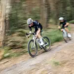 Zwei Radfahrer auf einem Stevens Camino RS Pro Di2 Gravelbike fahren auf einem schmalen Schotterweg durch einen Wald, die Bewegung ist durch eine leichte Bewegungsunschärfe dargestellt.