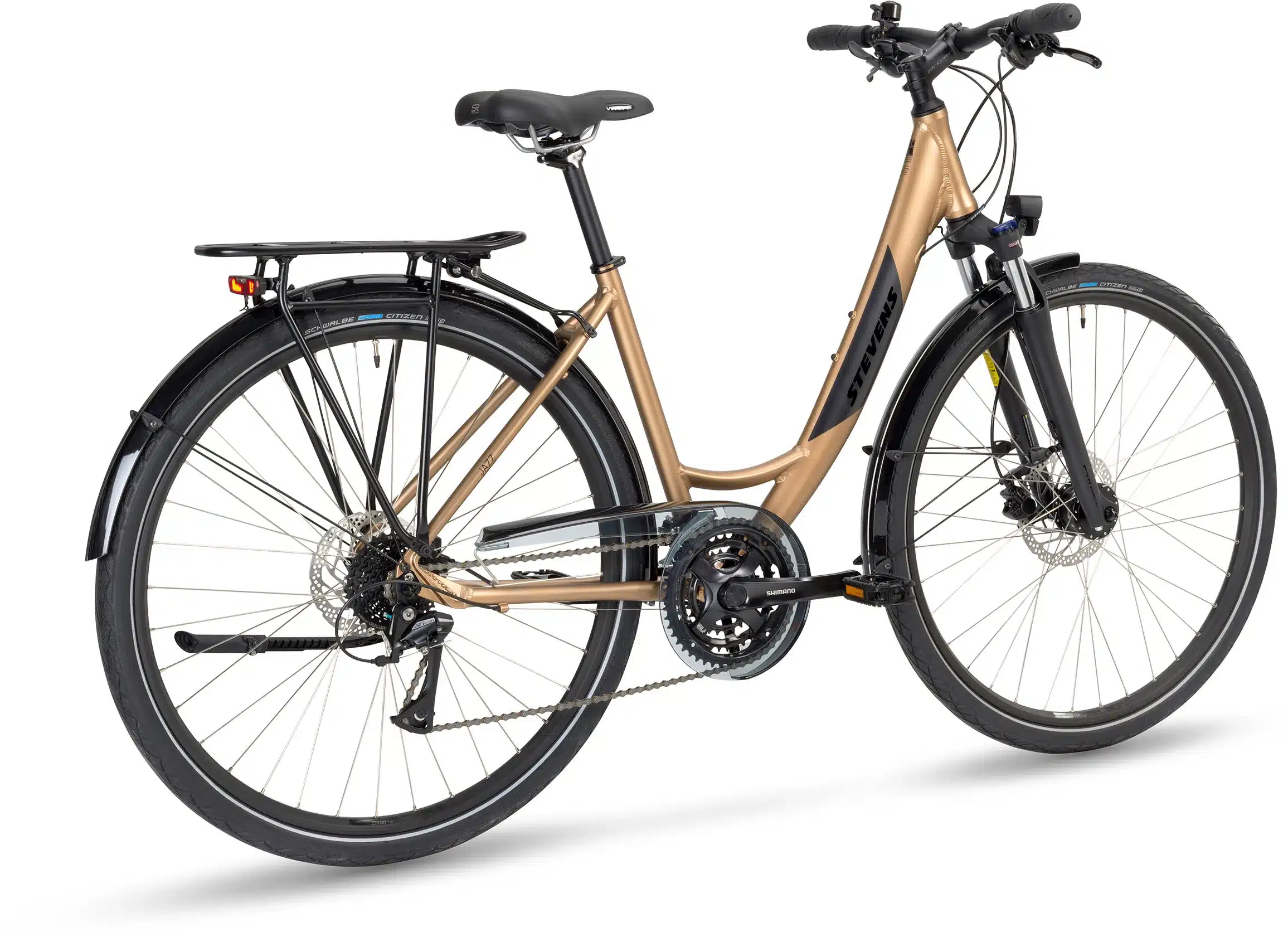 Goldenes Stevens Jazz Forma Trekkingrad mit Gepäckträger, Schutzblechen und Beleuchtung