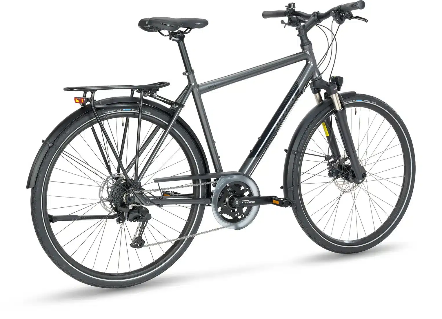 Graues Stevens Savoie HT Fahrrad von der Seite mit Fokus auf den Rahmen, die Räder, den Gepäckträger und die Federgabel.