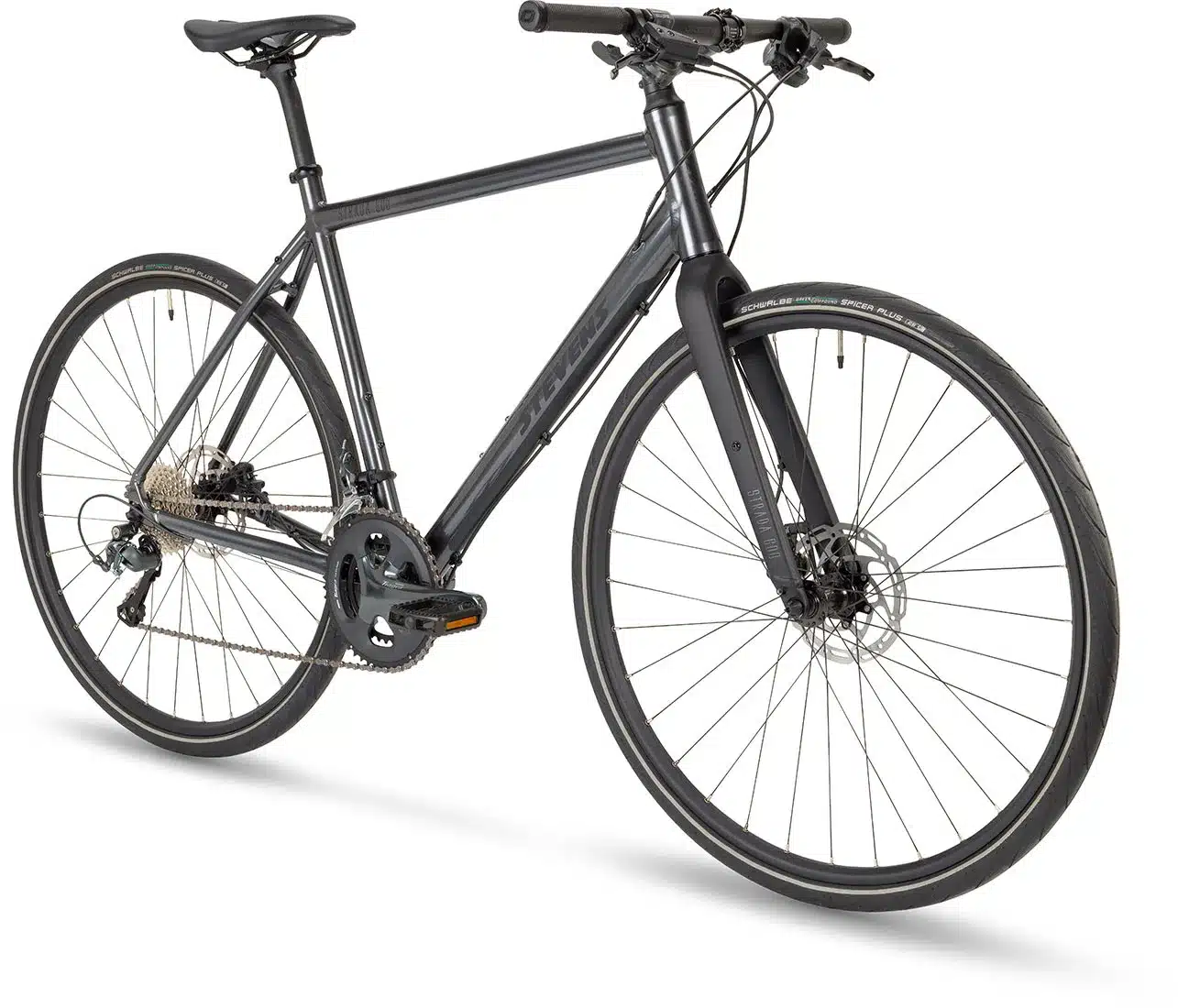 Graues Stevens Strada 600 Urban-Bike mit Fokus auf den Vorderradbereich und Gabel.