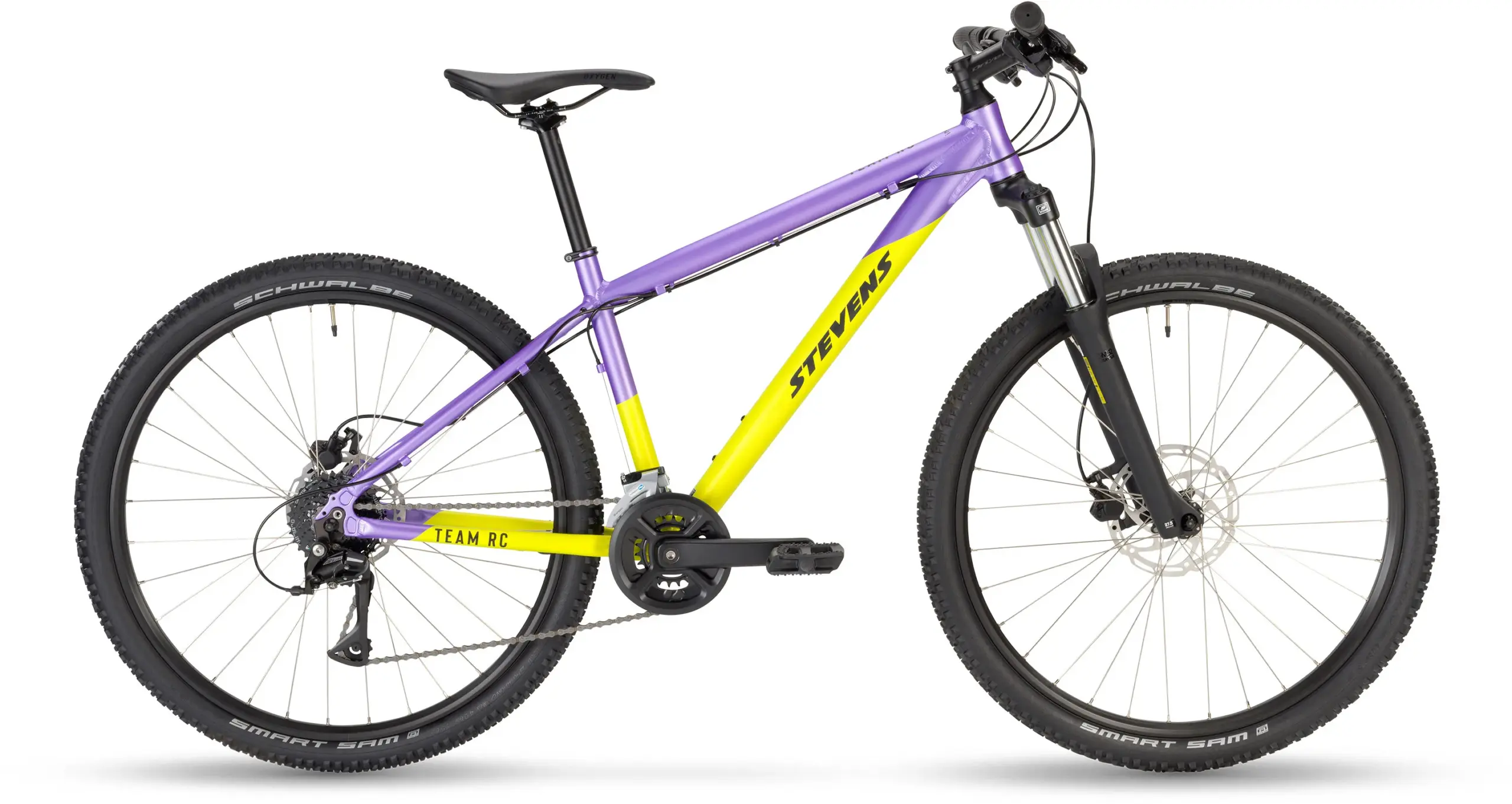 Stevens Team RC 27.5 Jugend-Mountainbike in bicolor Lackierung (lila/gelb) mit 27,5 Zoll Rädern und Shimano Schaltung.