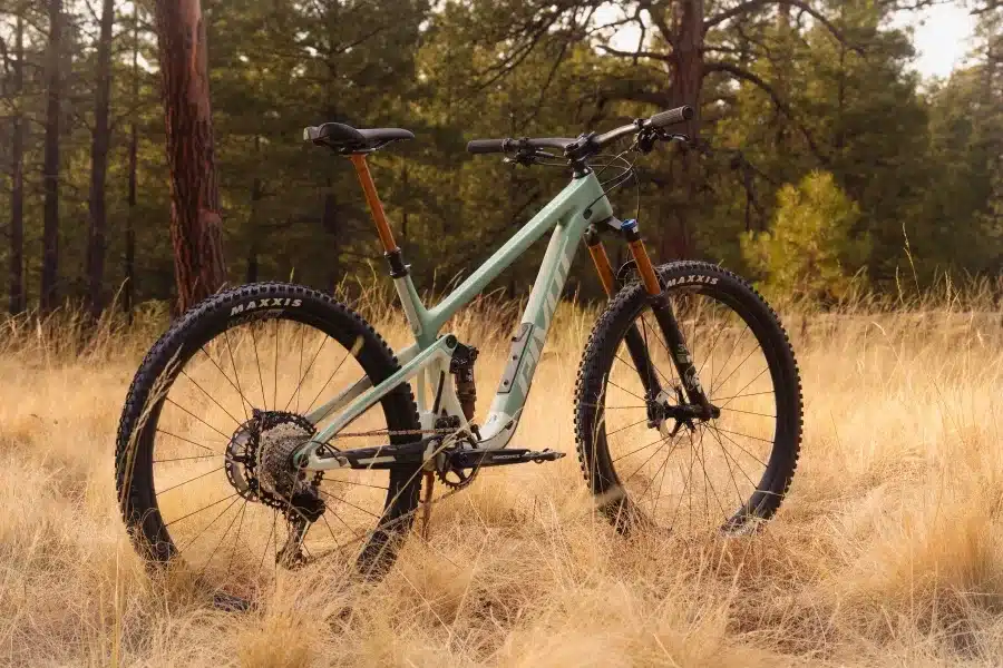 Das Pivot Trailcat SL Mountainbike in heller mintgrüner Farbe steht in trockenem Gras mit Bäumen im Hintergrund.