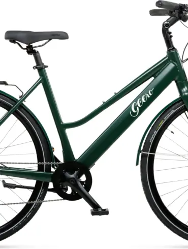 Ein dunkelgrünes Geero FLEX E-Bike mit gebogenem Lenker, integriertem Akku, Gepäckträger und schwarzen Anbauteilen steht auf weißem Hintergrund.