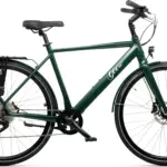 Seitenansicht eines dunkelgrünen Geero FLEX E-Bikes mit schwarzem Sattel und Griffen.