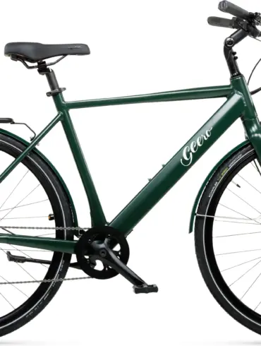 Seitenansicht eines dunkelgrünen Geero FLEX E-Bikes mit schwarzem Sattel und Griffen.