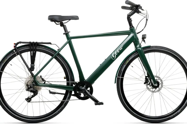 Seitenansicht eines dunkelgrünen Geero FLEX E-Bikes mit schwarzem Sattel und Griffen.