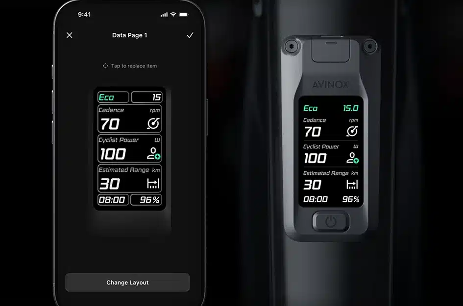 Vergleich von Fahrraddatenanzeige auf einem Smartphone und einem AVINOX M2S Display.