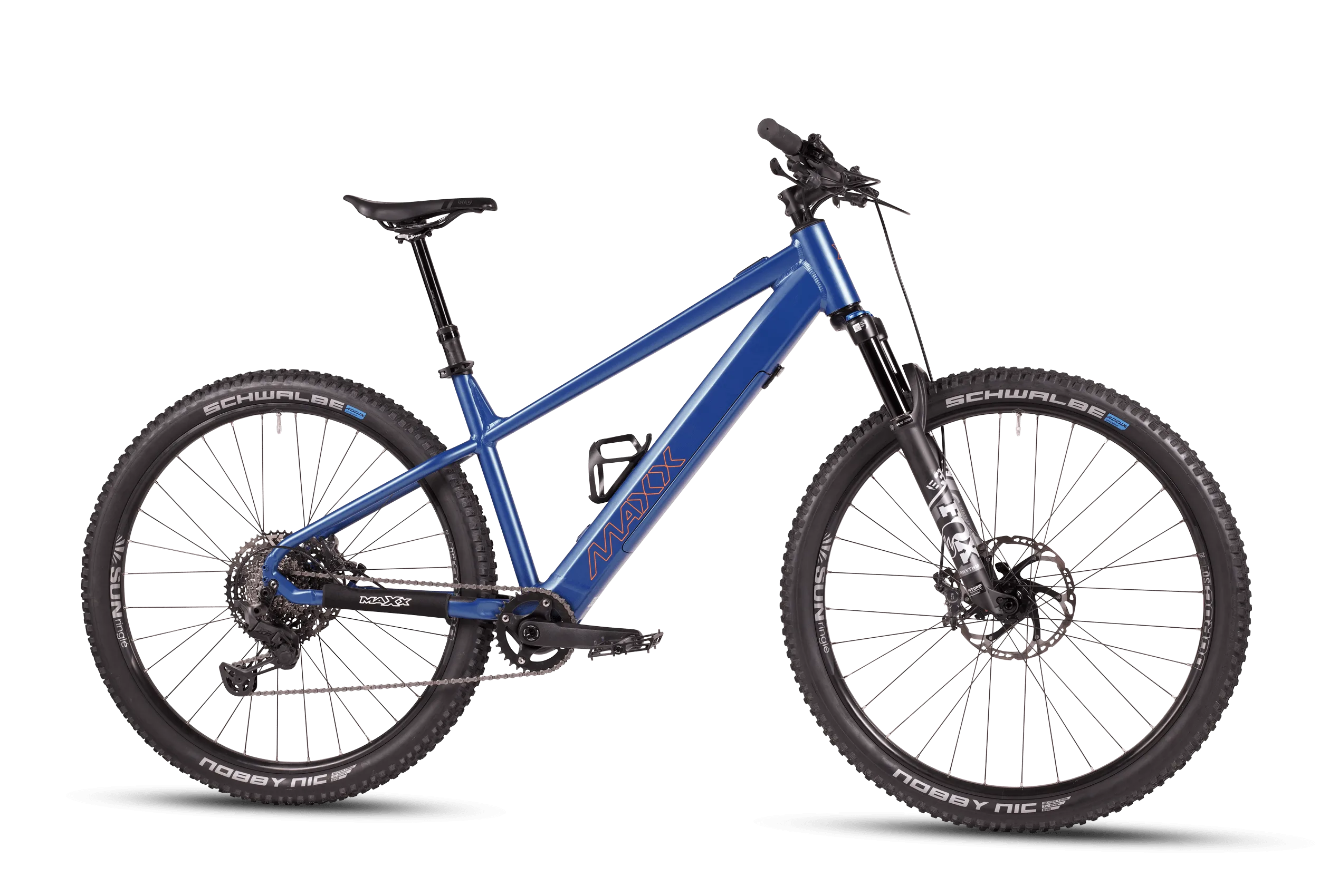 Ein blaues MAXX Racemaxx ELF R60 E-Mountainbike mit schwarzer Federgabel und schwarzen Reifen.
