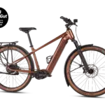 Ein bronzefarbenes MAXX Pacemaxx ELS Tour SUV-E-Bike mit Gepäckträger, Schutzblechen und Federgabel.