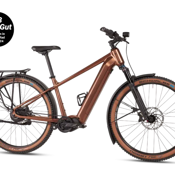 Ein bronzefarbenes MAXX Pacemaxx ELS Tour SUV-E-Bike mit Gepäckträger, Schutzblechen und Federgabel.