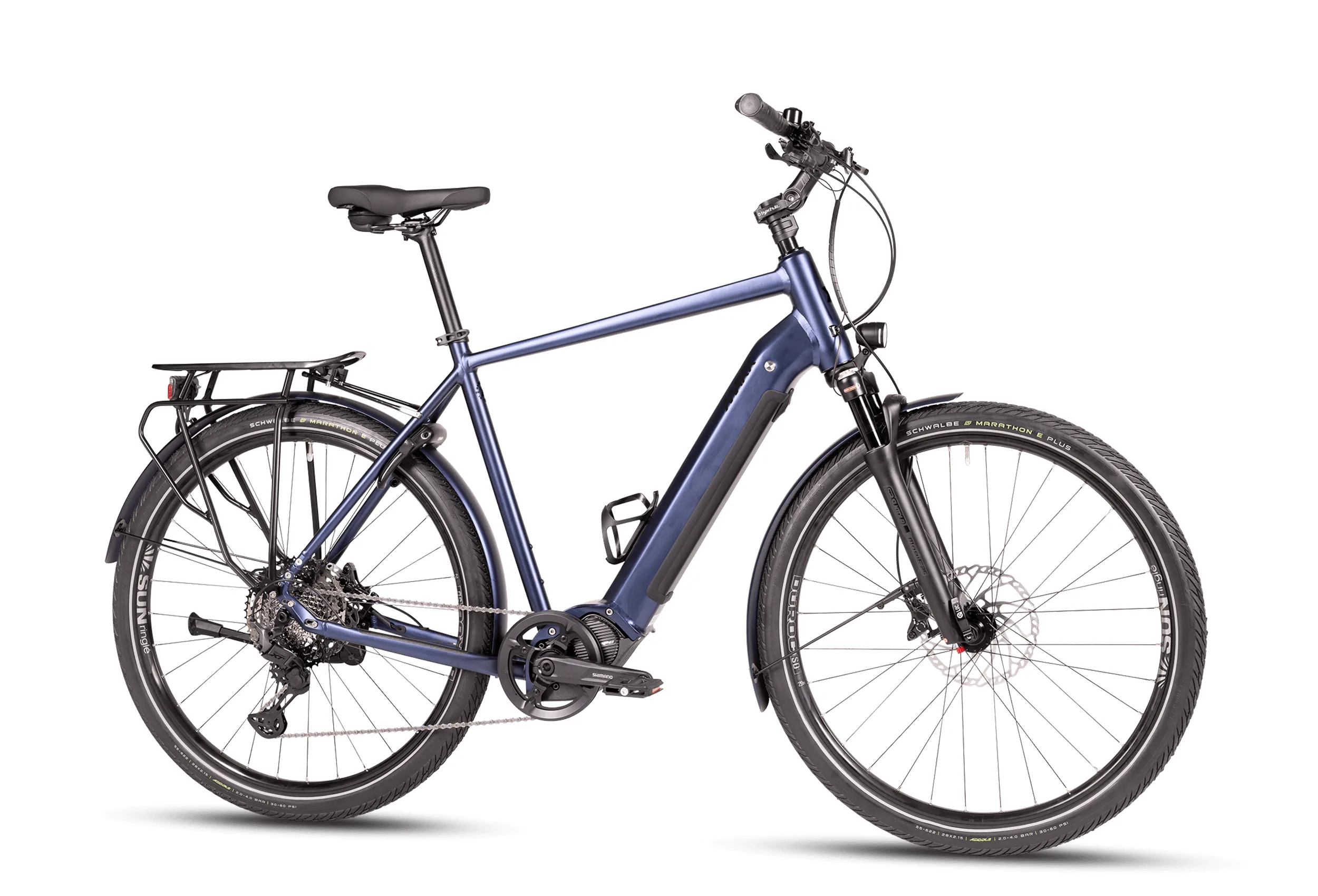 Seitenansicht eines blauen MAXX Crossmaxx ELS E-Trekkingbikes mit Gepäckträger und Schutzblechen.