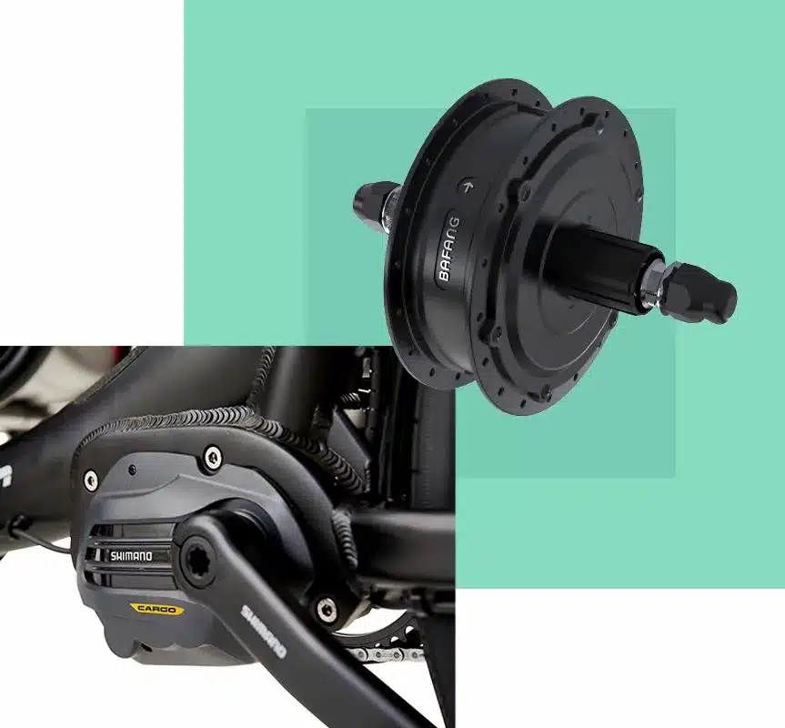 Detailaufnahme der technischen Komponenten eines Winther CX Lastenrads, mit Fokus auf die Hinterradnabe und den Mittelmotor.