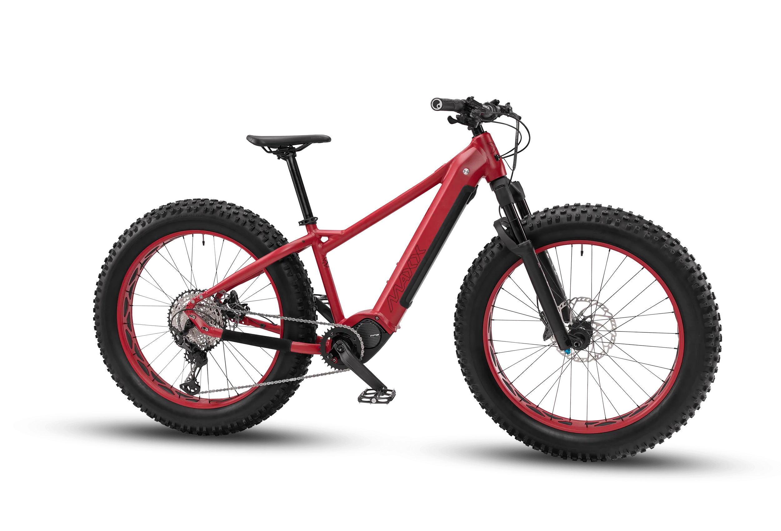 Rotes MAXX Jagamoasta ELS SH E-Fatbike mit breiten Reifen und schwarzer Federgabel, von der Seite betrachtet.
