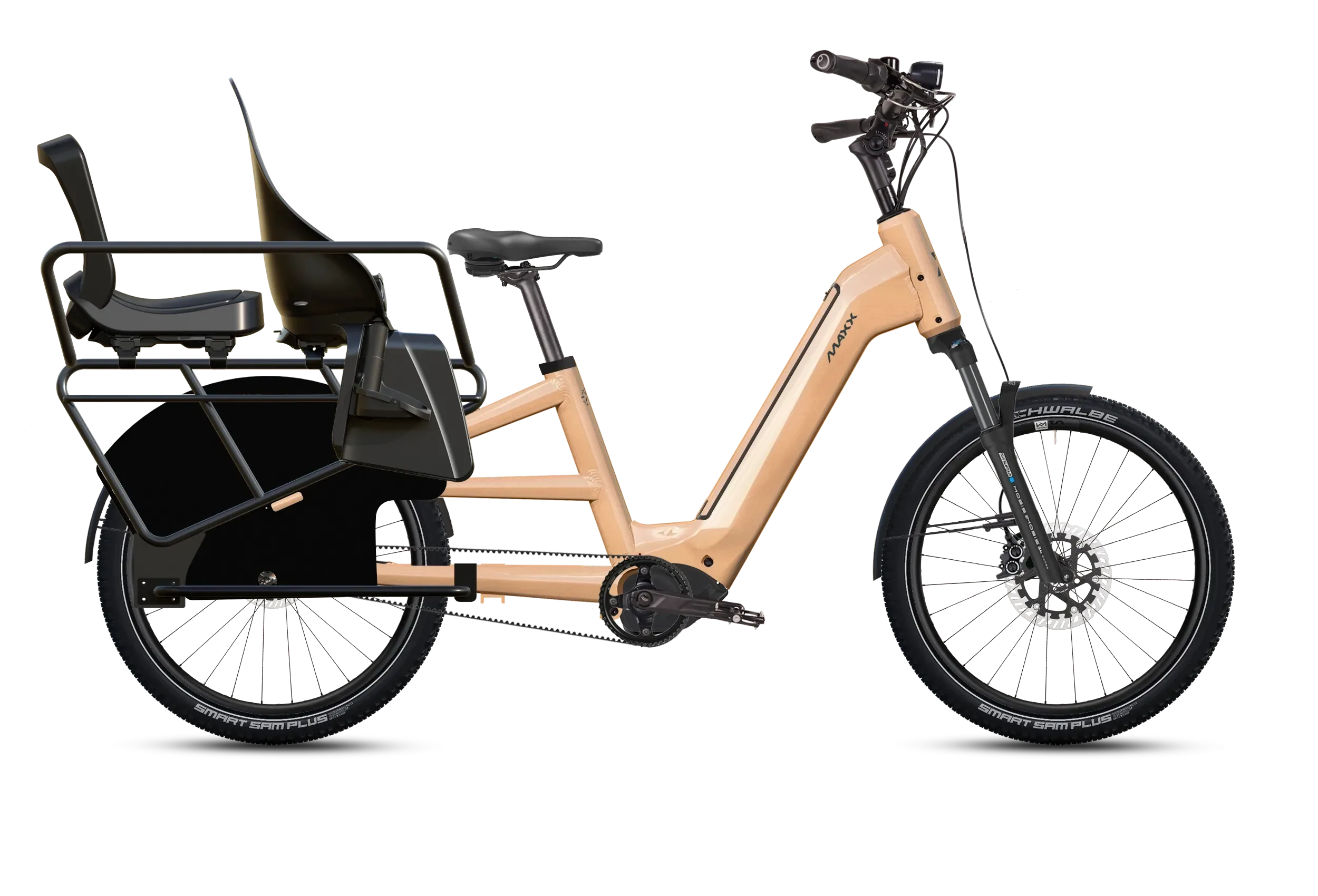 Seitliche Ansicht eines sandfarbenen Maxx Maxximo Urban Longtail-E-Bikes mit Kindersitz im Heck und Gepäckträger.