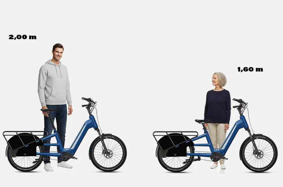 Eine Illustration des blauen Maxx Maxximo Urban Longtail E-Bikes, die zeigt, wie es für Personen unterschiedlicher Größe konzipiert ist, mit einer Figur, die 2,00 m groß ist, auf der linken Seite und einer Figur, die 1,60 m groß ist, auf der rechten Seite.