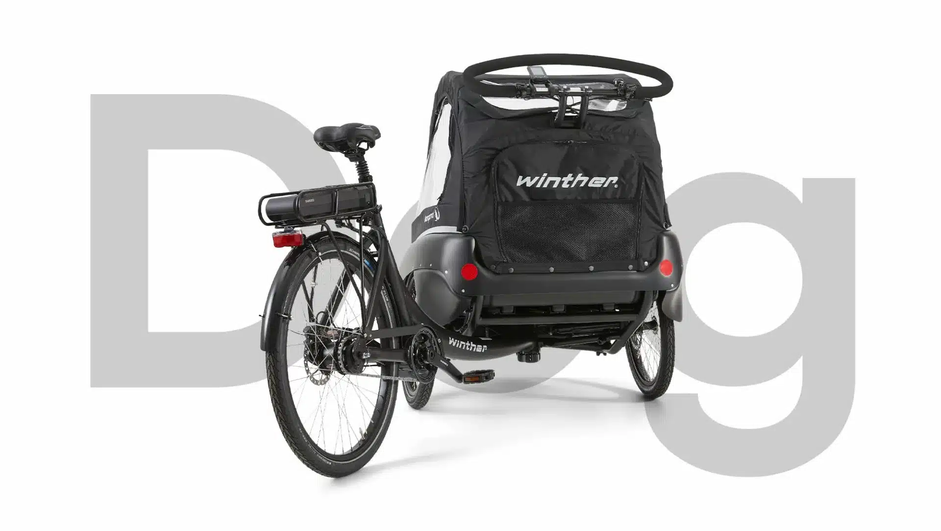 Das Winther Kangaroo Luxe Dog Lastenrad, dreirädrig, in schwarzer Ausführung mit Abdeckung für den Hundetransport, Rückansicht.