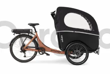 Seitliche Ansicht eines braunen und schwarzen Cargoo Lastenrads mit Kabine auf weißem Hintergrund.