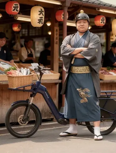 Ein Mann in einem dunklen Kimono mit Obi und traditionellen Sandalen steht neben einem blauen MAXX E-Bike, das mit einem Fahrradkorb ausgestattet ist. Im Hintergrund sind Marktstände mit frischem Fisch und japanische Papierlaternen zu sehen.