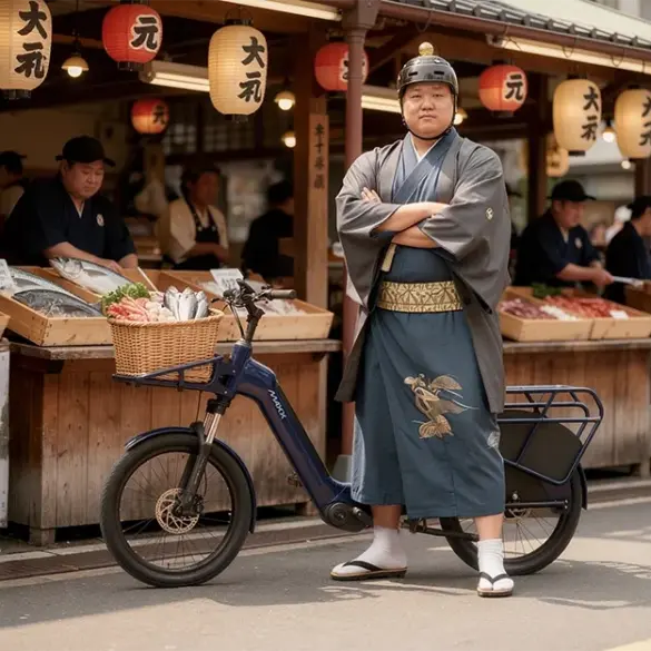 Ein Mann in einem dunklen Kimono mit Obi und traditionellen Sandalen steht neben einem blauen MAXX E-Bike, das mit einem Fahrradkorb ausgestattet ist. Im Hintergrund sind Marktstände mit frischem Fisch und japanische Papierlaternen zu sehen.