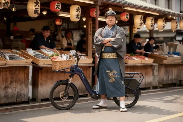 Ein Mann in einem dunklen Kimono mit Obi und traditionellen Sandalen steht neben einem blauen MAXX E-Bike, das mit einem Fahrradkorb ausgestattet ist. Im Hintergrund sind Marktstände mit frischem Fisch und japanische Papierlaternen zu sehen.