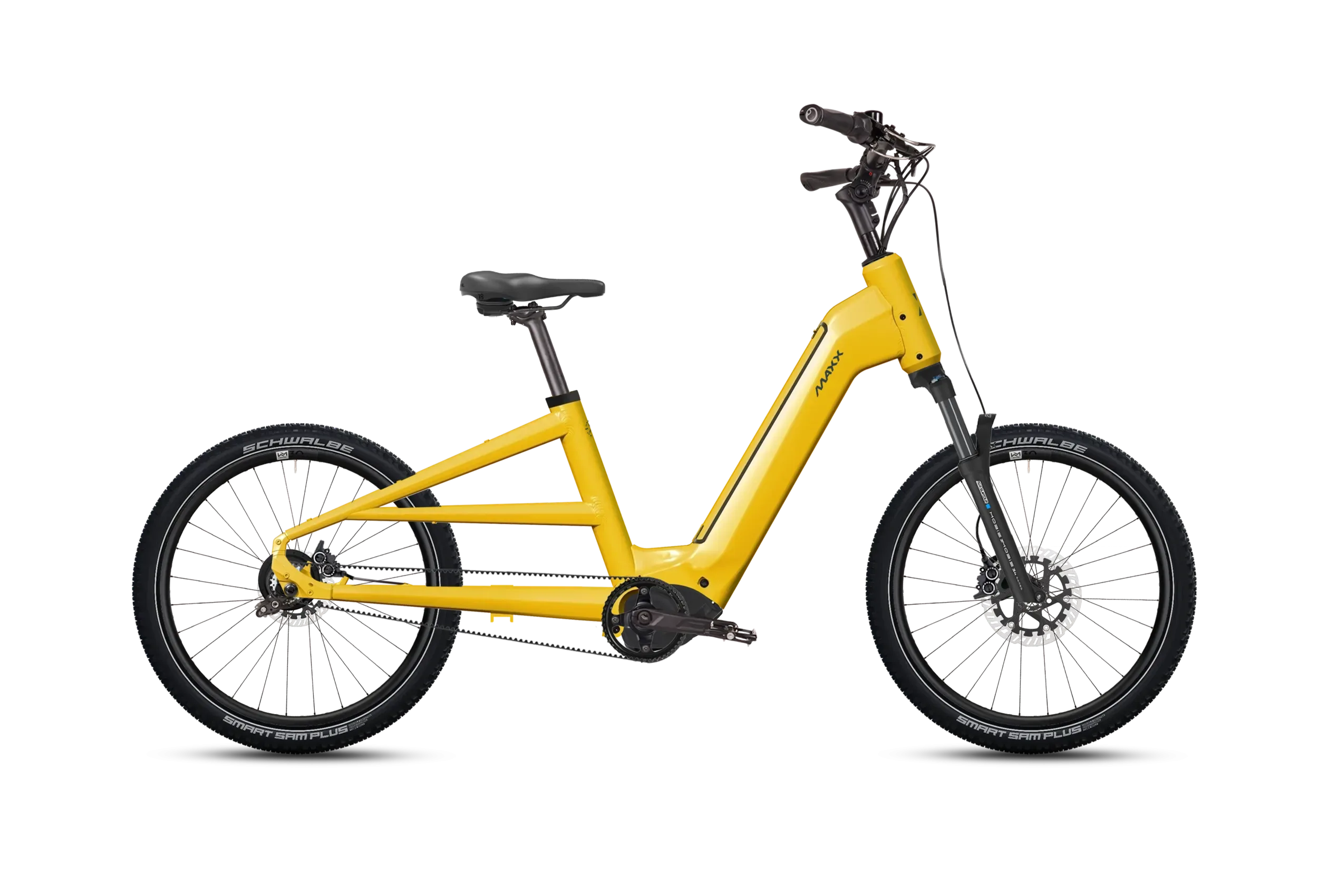 MAXX Maxximo Strong E-Bike in Gelb, Seitenansicht, mit Fokus auf Rahmen, Räder und Antriebskomponenten.