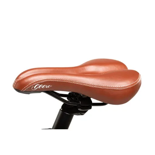 Brauner Fahrradsattel mit dem Schriftzug 'GEERO' auf dem Fahrradgestell montiert