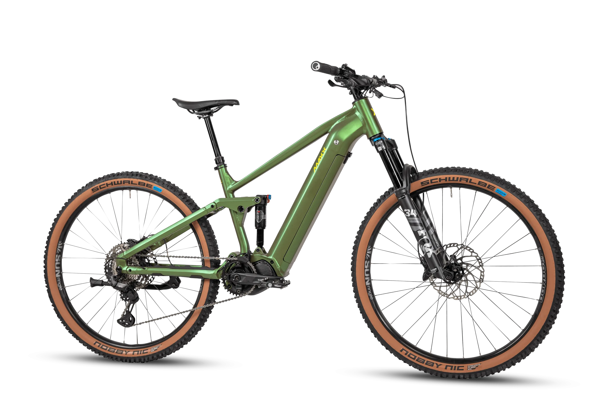 Grünes E-Mountainbike Maxx Tourmaxx ELS Sport mit vollständiger Federung und 29-Zoll-Rädern, dargestellt auf schwarzem Hintergrund.